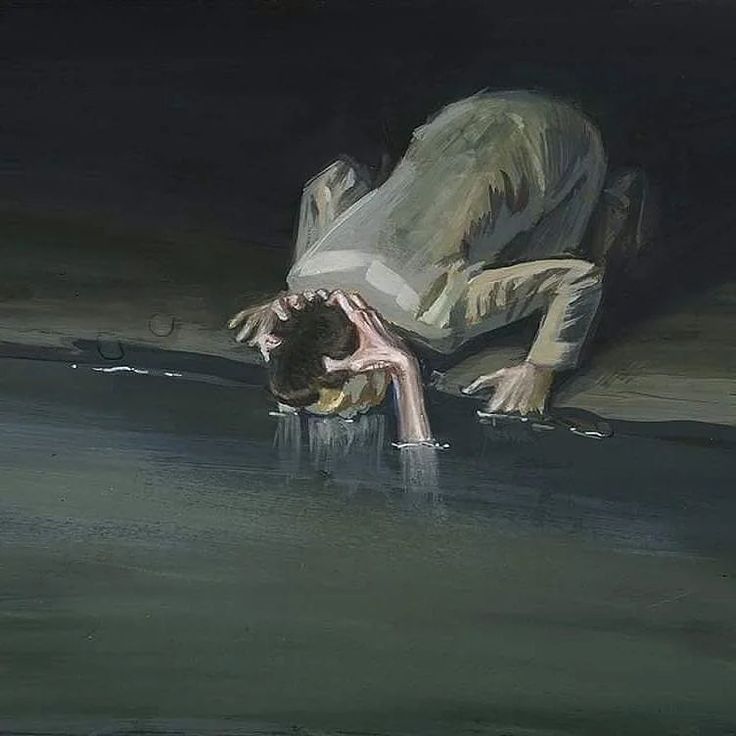 a painting of a man in the water with his head down and hands on his knees