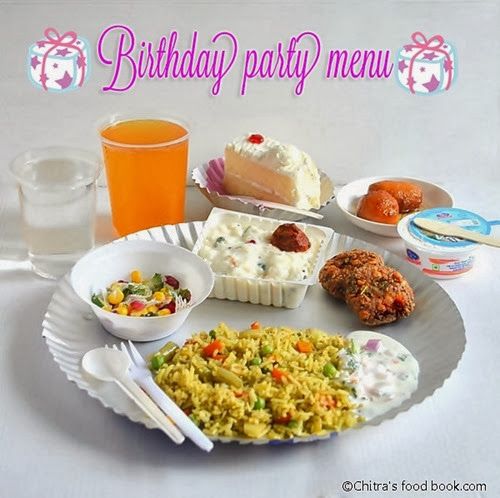 there is a birthday party menu with food on the plate and drinks in glasses next to it