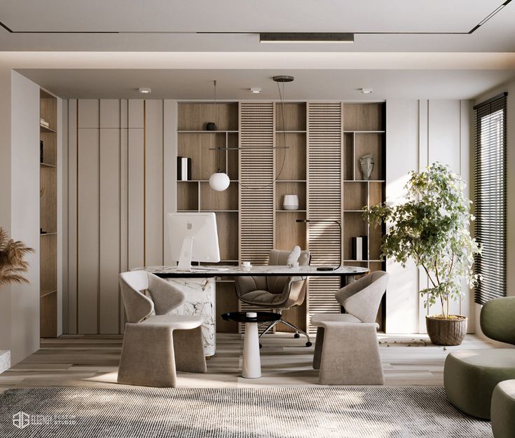 a room with chairs and a table in the center, along with bookshelves