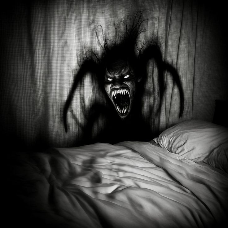 a creepy looking monster with its mouth open on a bed