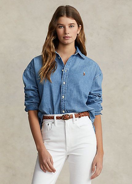 Cropped Denim Shirt, Ralph Lauren Denim Shirt, Oversized Denim Shirt, Looks Country, Womens Denim Shirt, Ralph Lauren Denim, Ralph Lauren Long Sleeve, Polo Sport, 가을 패션