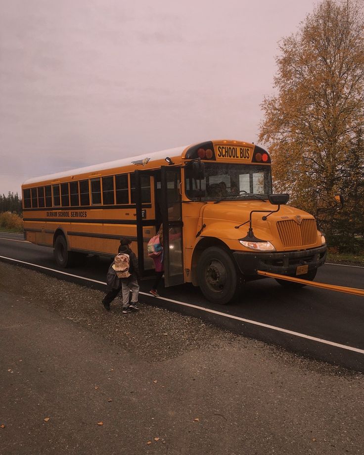 two children standing next to a yellow school bus on the side of the road with trees in the background