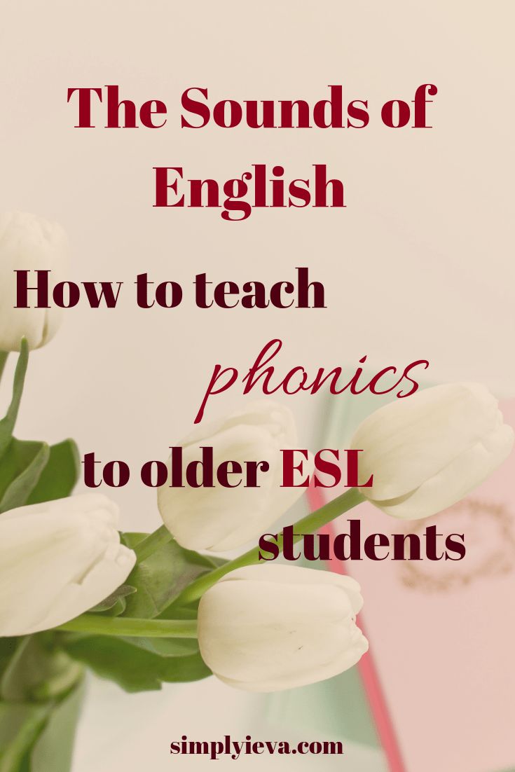 white tulips in a vase with text that reads, the sounds of english how to teach phonics to older esl students