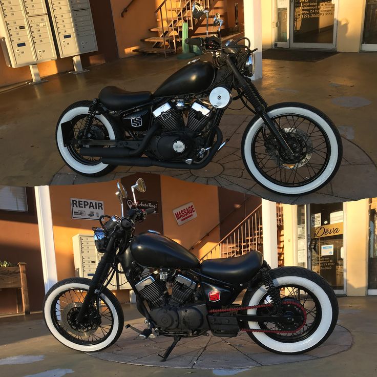 two pictures of a black motorcycle parked in front of a building with white rims