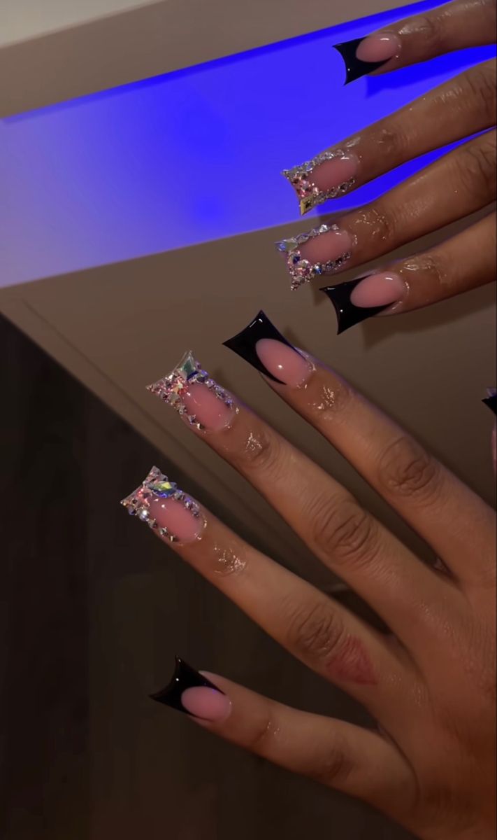 Duck Nails Acrylic Medium, Black French Tip Nails Duck, Black Frenchies With Rhinestones, Black Duck Nails With Charms, Duck Nail Inspo 2023, Black French Duck Nails, Medium Duck Nails Acrylic, Acrylic Nail Designs Black Women, Short Duckie Nails