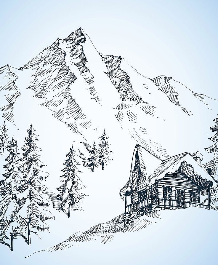 a drawing of a cabin in the mountains with pine trees and snow on it's roof