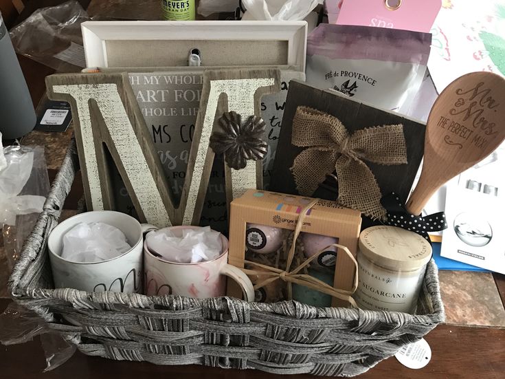 a basket filled with lots of items on top of a table