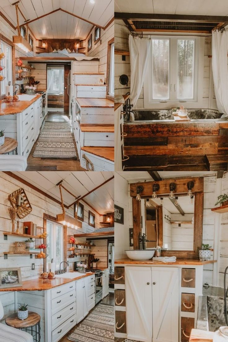 the interior and exterior of a tiny cabin with wood floors, white walls and cabinets