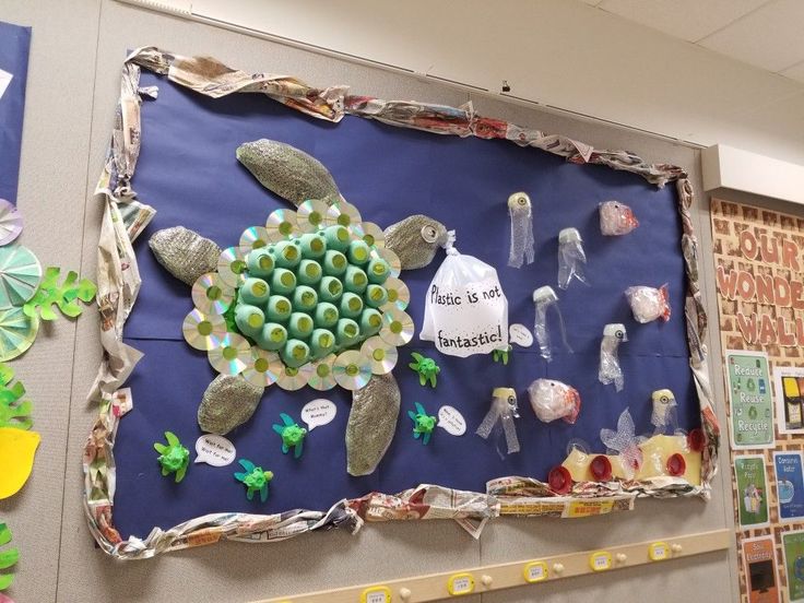 a bulletin board with sea animals and shells on it in a classroom setting that is filled with magnets