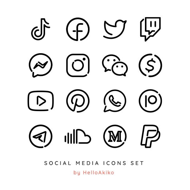 the social media icons set is shown in black and white, with different symbols on it