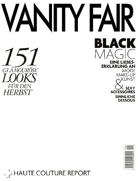 the cover of vanity fair magazine, featuring black and white text on it's front page