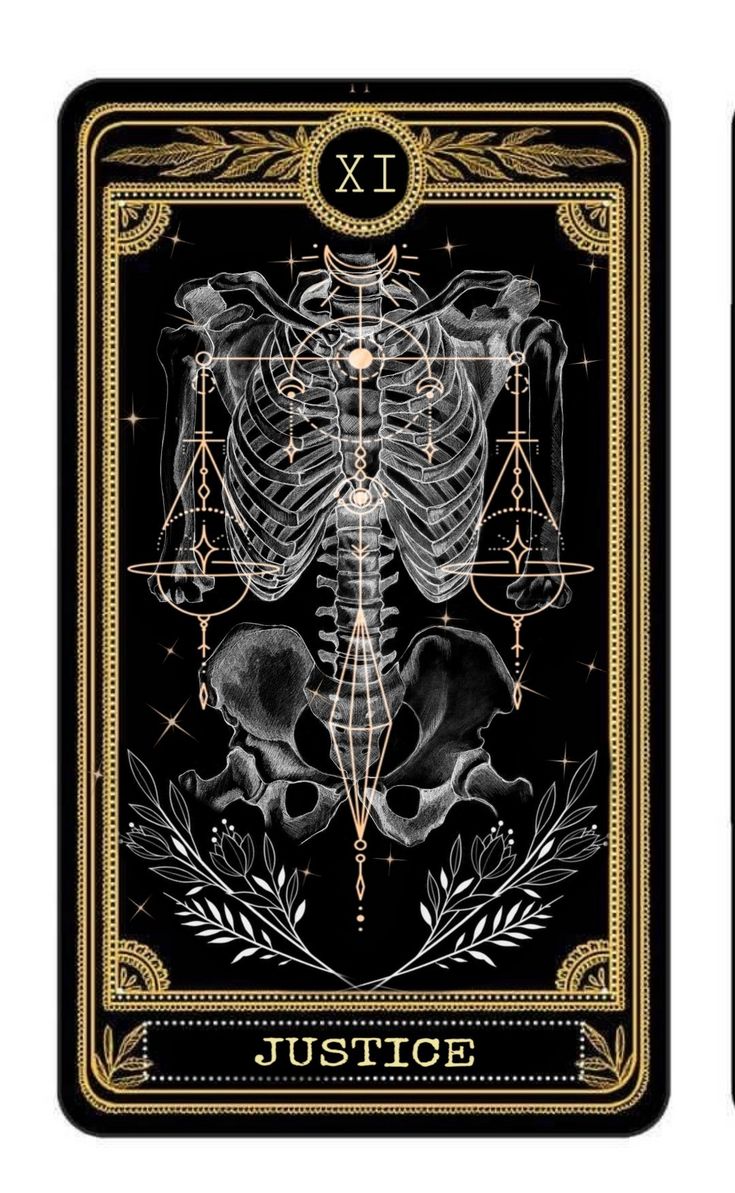 the skeleton tarot card is shown in black and gold, with an intricate design on it