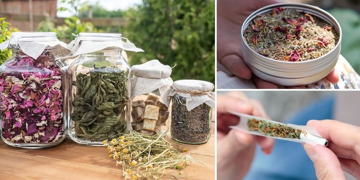 four different pictures with various herbs in jars and one has a spoon full of them