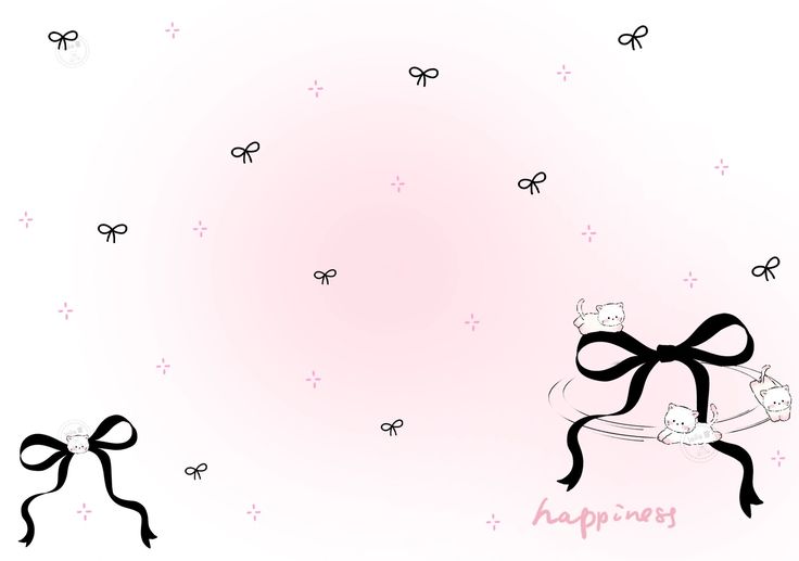 a pink background with black and white bows on the bottom, and an image of two cats