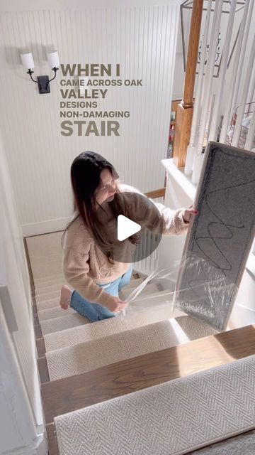 a woman sitting on top of some stairs holding up a piece of furniture with the words when i am across oak, there is no - changing stair