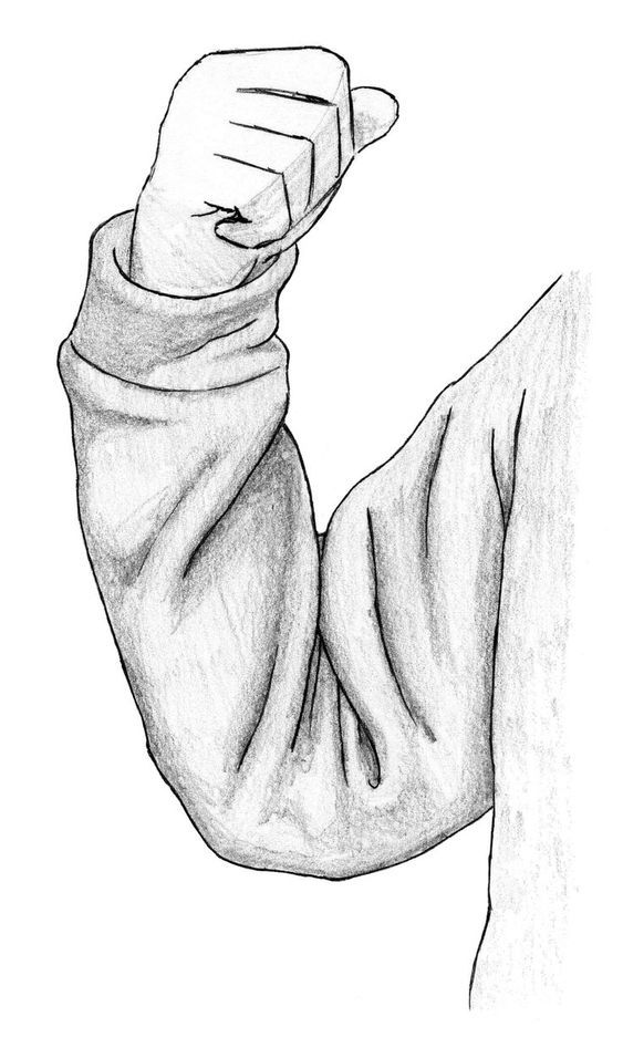 a black and white drawing of a person with their arm wrapped in a blanket