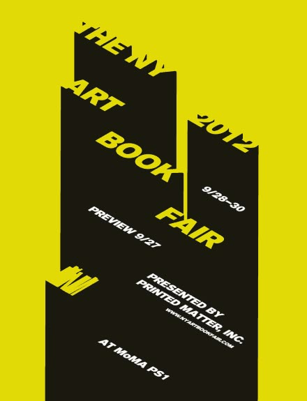 the new art book fair poster is shown in black and yellow, with an abstract design