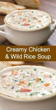 creamy chicken and wild rice soup in a white bowl on a wooden table with bread