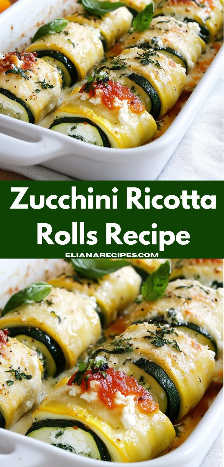 zucchini ricotta rolls recipe in a white casserole dish