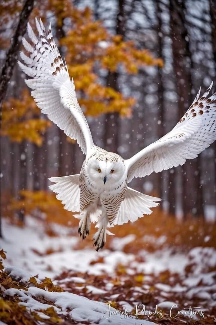 an owl is flying through the air with its wings spread