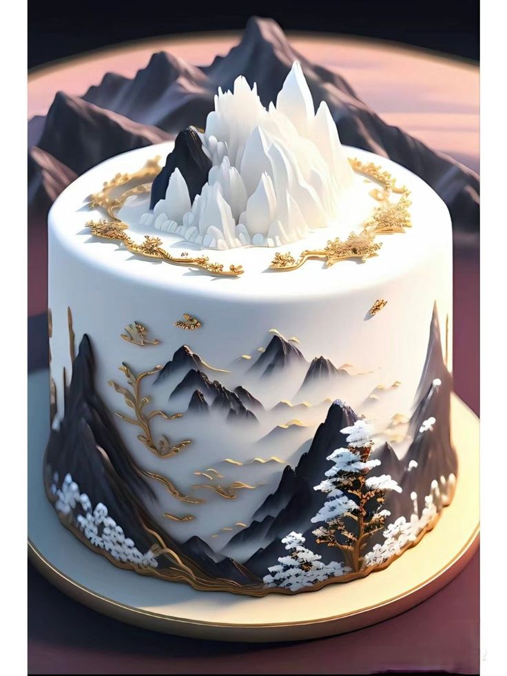 a white and gold cake with mountains on it's sides is sitting on a table