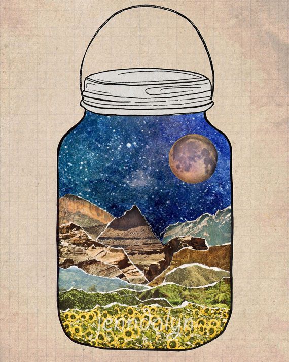 a mason jar filled with water and sunflowers under a night sky full of stars