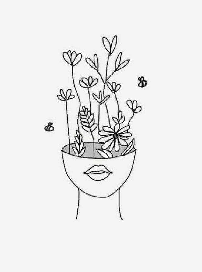 a drawing of a woman's head with flowers growing out of the top of it