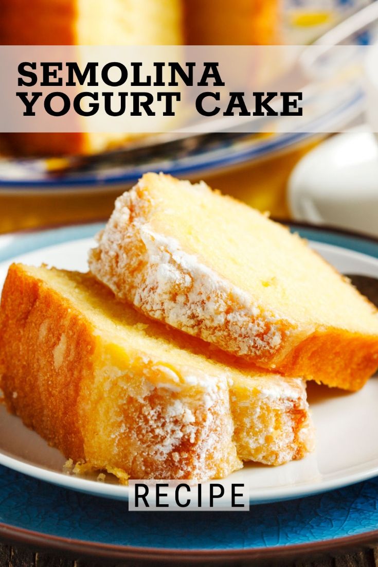 two slices of lemon yogurt cake on a plate with the words recipe below