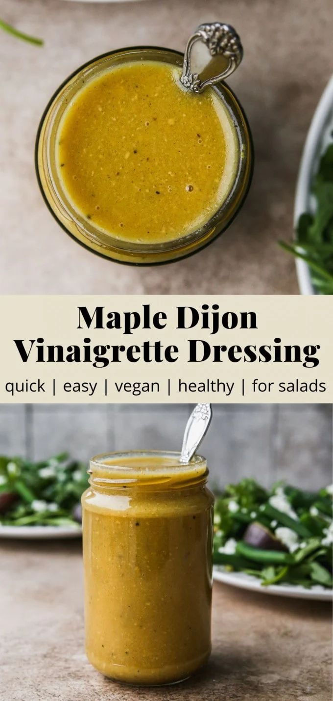 the ingredients for maple dijond dressing are shown in mason jars with spoons