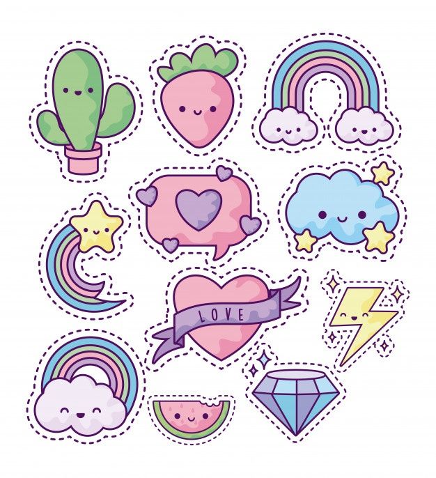 cute stickers with hearts, stars, clouds and rainbows in the shape of heart