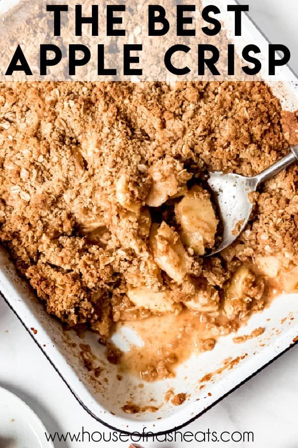 a casserole dish filled with apple crisp