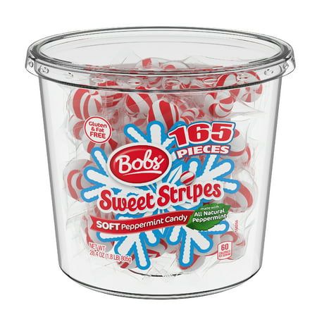 a tub filled with candy canes on top of a white background and the words bob's sweets sweet stripes