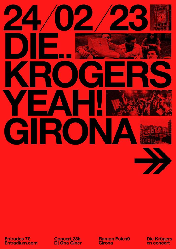 a red poster with black text on it that says, 24 / 02 23 die krogers yeah giroa