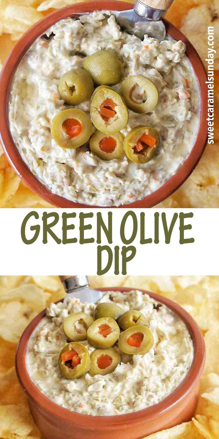 green olive dip in a bowl with crackers on the side and an overhead photo