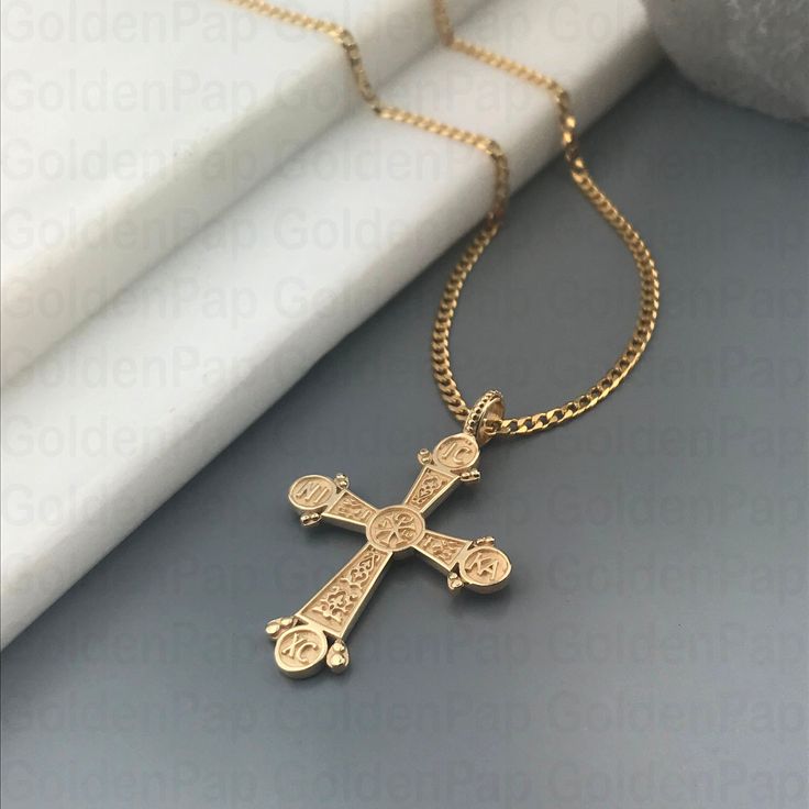 Please check the dimensions to be sure about the size! 3.9 x 2.5 cm (with the bail) 3.2 x 2.5 cm (without the bail) The inner dimensions of the bail: about 3.5 x 4.5 mm If you have thicker chain for this cross, write us a note and we will make larger bail for you! Chain options: - Chain No1: about 1mm (thickness) - Chain No2: about 2mm (thickness) - Chain length: 40cm /15,7 inches 45cm /17,7 inches 50cm /19,6 inches 55cm /21,6 inches 60cm /23.6 inches ✔Material of cross: Solid gold 14k ✔Material Spiritual 14k Gold Cross Necklace, Tarnish-resistant Yellow Gold Cross Necklace, 14k Gold Engraved Cross Necklace, Engraved 14k Gold Cross Necklace, Hallmarked Yellow Gold Cross Necklace, Gold Engraved Cross Pendant Necklace, Gold Engraved Crucifix Cross Necklace, Gold Engraved Crucifix Necklace, Engraved Gold Crucifix Necklace