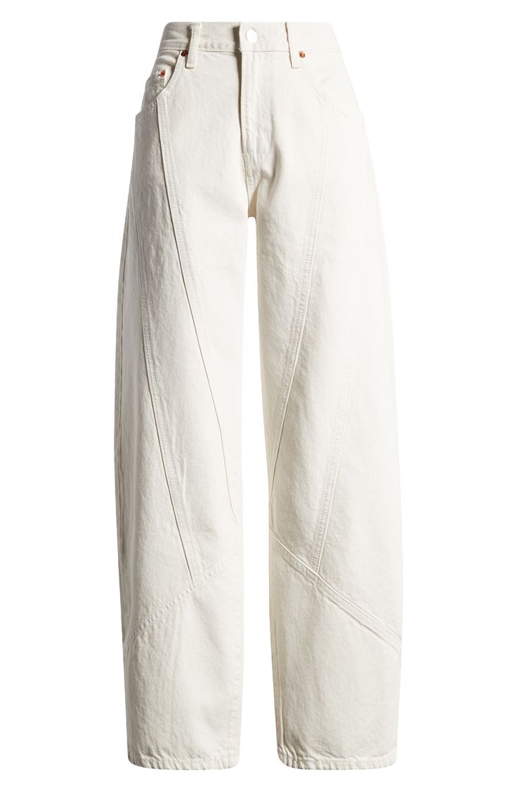 Hit refresh on white-jeans season with a with a sturdy, all-cotton denim pair turned out in a trending tapered silhouette with diagonal seaming. 30" inseam; 17" leg opening Zip fly with button closure Five-pocket style 100% cotton Machine wash, tumble dry Imported Article On Raw Hem Pants 2023, Luxury Designer Jeans, Leg Bone Pants, Luxury Summer Jeans, Luxury Distressed Cotton Bottoms, American Vintage Pants, Trendy Jeans White, Besh Pants, White High Jeans