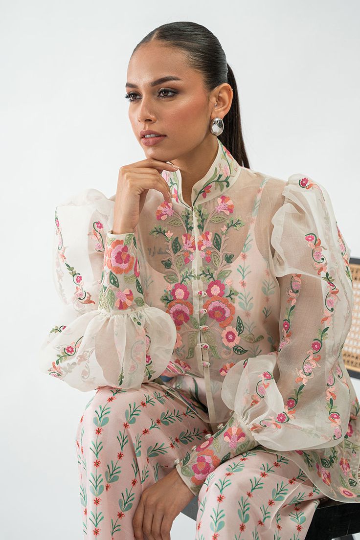 Ameera Festive Party Sets With Blouson Sleeves, Festive Fitted Sets With Blouson Sleeves, Designer Floral Embroidered Organza Blouse, Designer Organza Blouse With Floral Embroidery, Festive Organza Blouse With Floral Embroidery, Spring Georgette Sets With Floral Print, Spring Floral Print Georgette Sets, Designer Spring Sets With Embroidered Sleeves, Festive Blouse With Sheer Sleeves