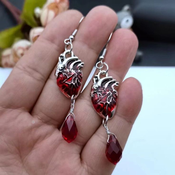 Bloody Heart Earrings Anatomical Earrings, Silver Crystal Earrings Gothic Earrings Teardrop Earrings, Femme Fatale Blood Earrings Birthstone - Froppin Silver Crystal Earrings, Gothic Earrings, Beating Heart, Professional Jewelry, Water Drop, Elegant Earrings, Heart Jewelry, Color Style, Jewelry Pouch