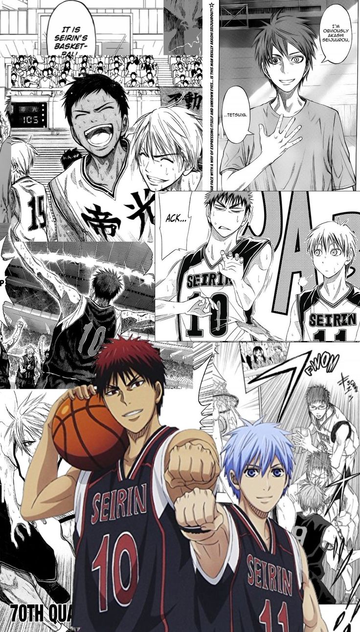 some anime characters are holding basketballs and posing for the camera in front of them