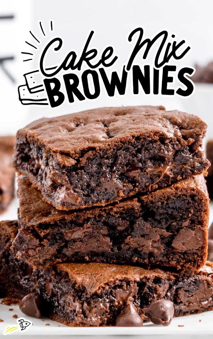 chocolate brownies stacked on top of each other with the words cake mix brownies above them