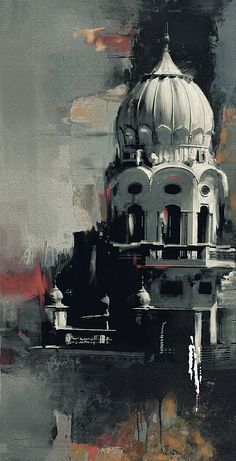 an abstract painting of a building in black and white