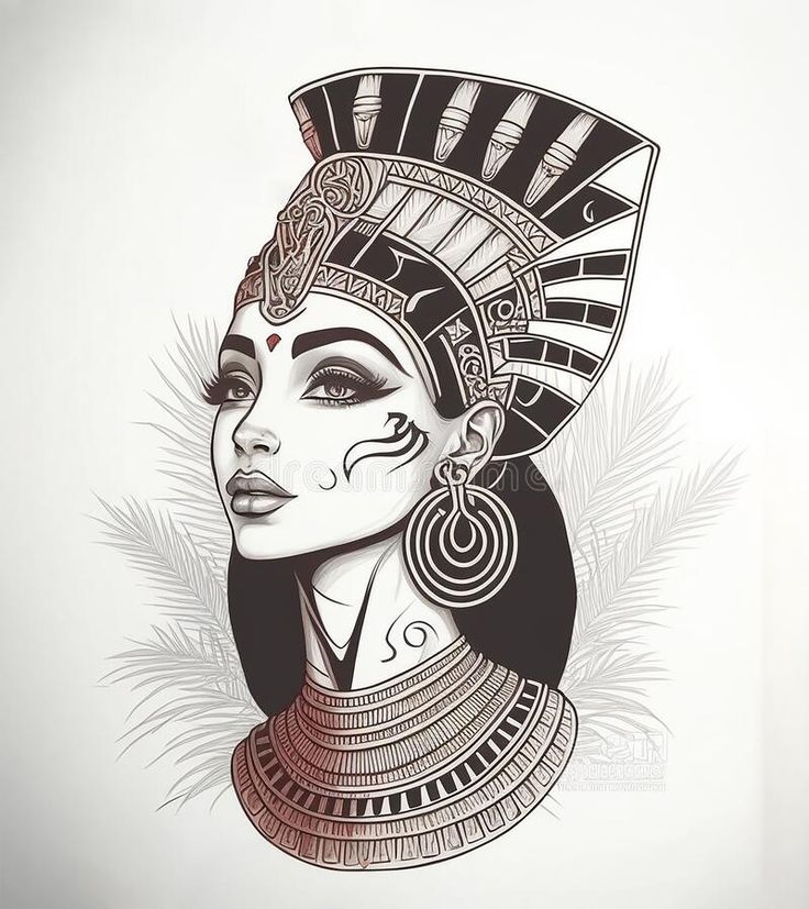 a drawing of an egyptian woman in black and white with feathers on it's head