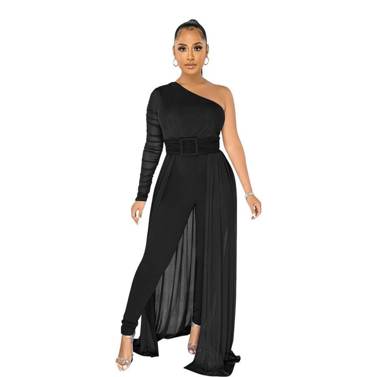 The Elegant Formal Dressy Jumpsuit will have you looking effortlessly chic. Include this elegant and dressy jumpsuit in your fashion haul. This one-shoulder dressy jumpsuit is a stand-out piece at any social gathering or formal event. You are bound to fall in love with this formal off-shoulder jumpsuit that is uniquely styled. Complete an elegant look when you add your favorite pair of high heels or sandals for the perfect look you desire. Make a style statement with the purchase of this afforda Elegant Evening Bodysuit For Party Season, Elegant One-shoulder Evening Bodysuit, Elegant Fitted One-shoulder Bodysuit, Long Sleeve Jumpsuit For Cocktail Party, Fitted One-shoulder Bodysuit For Evening, Long Sleeve Jumpsuits And Rompers For Cocktail Parties, Chic Long Sleeve Jumpsuits And Rompers For Party Season, Chic Non-stretch Jumpsuit For Party, Chic Party One-piece Jumpsuit