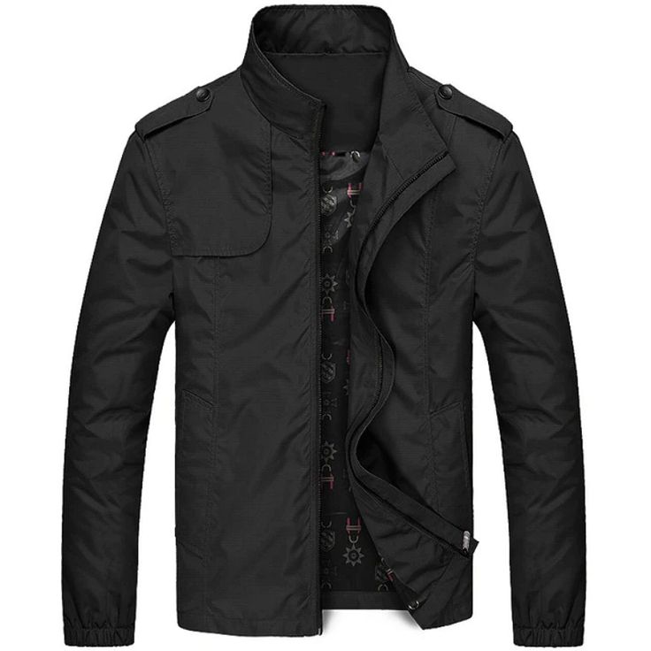 Step up your street style game with this stylish men's bomber jacket. featuring a solid pattern, zipper shoulder epaulets, and crafted from a combination of polyester and cotton, this bomber is perfect for urban fashion. buy now and get the latest in street style. Mens Outwear, Baseball Jacket Men, Man's Overcoat, Men's Windbreaker, Mens Jackets Casual, Windproof Jacket, Slim Fit Jackets, 50 Style, Mens Windbreaker