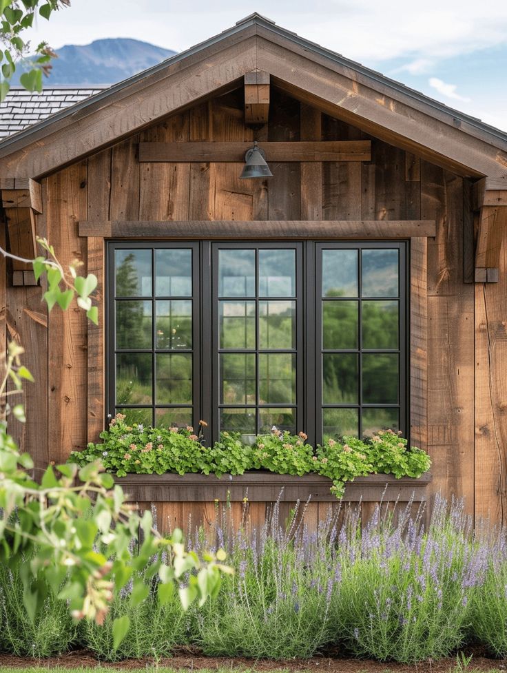 a wooden house with windows and plants in the window sill, surrounded by greenery