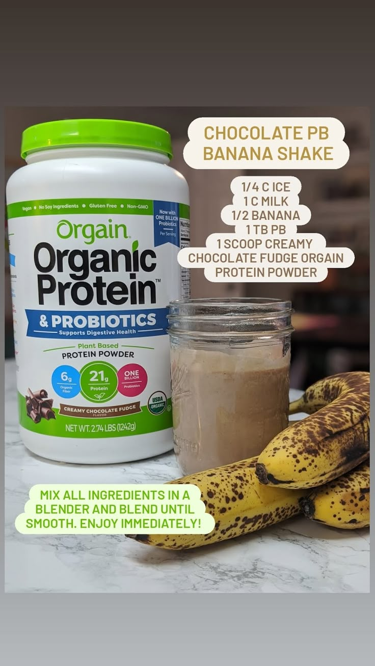 the ingredients for chocolate peanut butter and banana shake are shown in this advertment