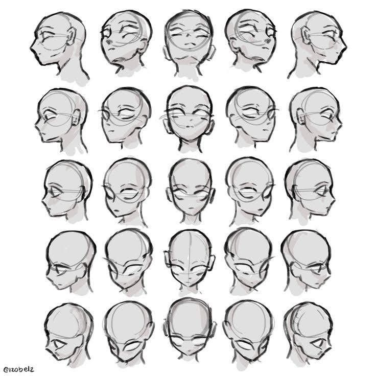 an animation character's head is shown with different angles and facial expressions, including the eyes