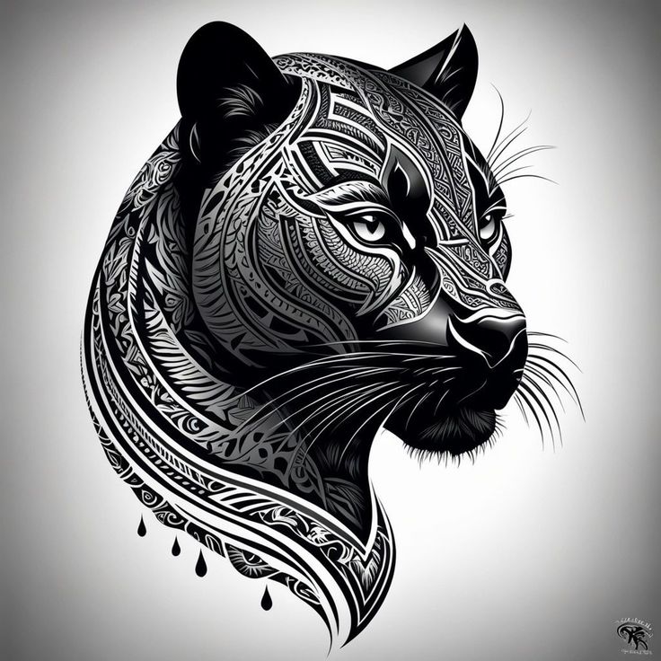 a black and white drawing of a tiger's head with intricate designs on it