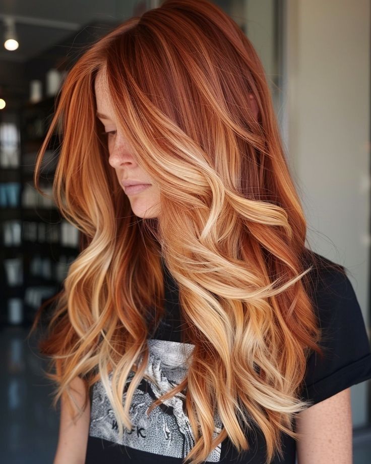 Red Hair To Blonde Balayage, Layered Coloured Hair, Blonde Highlights With Red Undertones, Blonde And Red Hair Balayage, Hair Colour Ideas Ginger, Red Hair With Blonde Money Piece And Highlights, Red Copper Blonde Hair, Multi Color Red Hair, Pumpkin Spice Hair With Money Piece