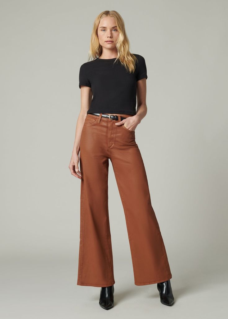 LEATHER BROWN Wide Leg Brown Flare Jeans For Work, Chic Brown Wide Leg Jeans, Chic Wide Leg Brown Jeans, Brown Wide Leg Jeans For Work, Brown Wide Leg Work Jeans, Chic Brown Wide Leg Flare Jeans, Fall Mid-rise Wide Leg Pants With Belt Loops, Brown Wide Leg Pants With Five Pockets, Brown Wide-leg Pants With Five Pockets